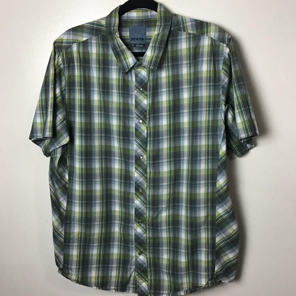 Prana green gray plaid short sleeve pearl snap shirt. Large